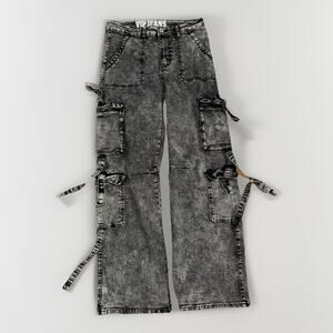 VIP Jeans Strap Cargo Pants Black Acid Wash 28x32 Y2K Rave Techwear